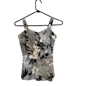Monteau Black White Floral Tropical Sleeveless Tank Top Blouse Women Sz S